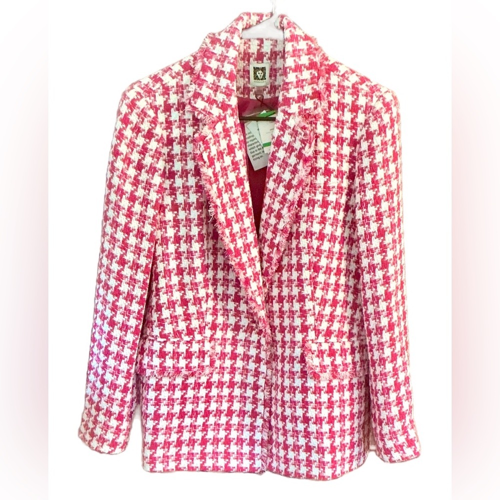 Anne Klein Pink Tweed Blazer โข Houndstooth โข Preppy, Coquette, Boss Babe, Office - Picture 2 of 8